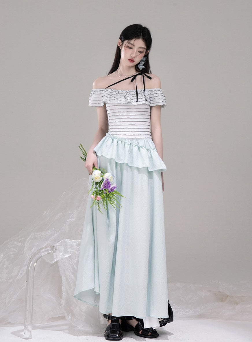 One-shoulder Splicing A-line Waist Dress COT0313