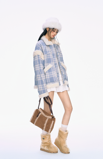 Fur Collar Blue Plaid Jacket PUN0035