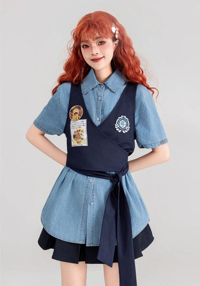 Two-piece Short-sleeved Thin Denim Shirt/Lace-up Vest KEI0088