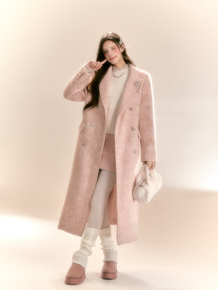 High-grade Mid-length Mist Powder Pink Woolen Long Coat QDQ0091