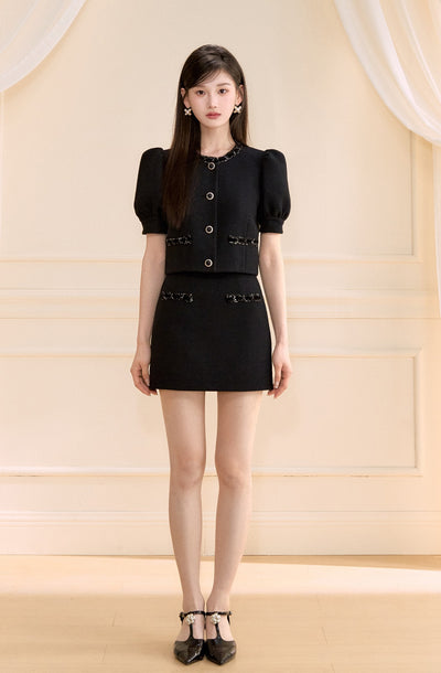 Black Puff Sleeves Short Jacket/Skirt OSH0148
