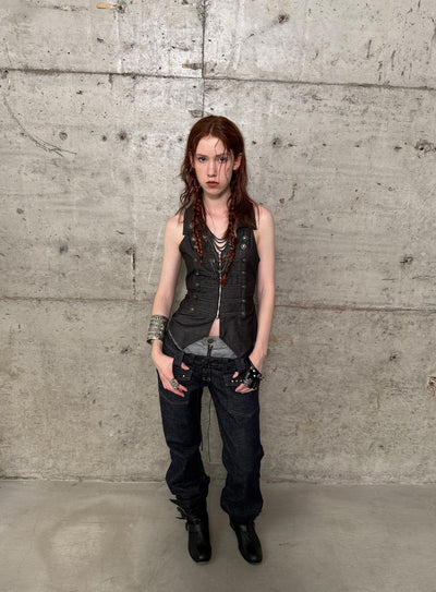 V-neck Metal Slim Zipper Vest DOU0131