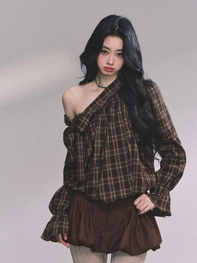 Oblique Shoulder Bow Plaid Shirt DIA0625