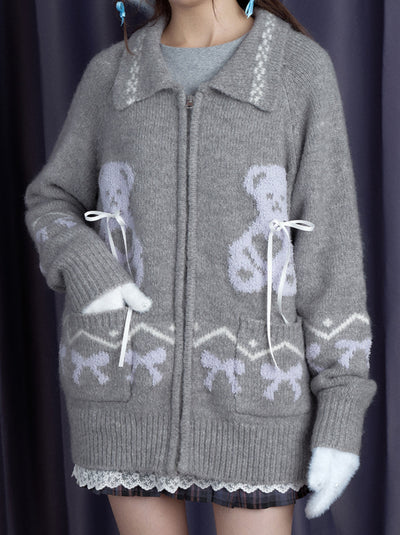 Snowflake Gray Bear Fair Isle Sweater Cardigan SAG0190