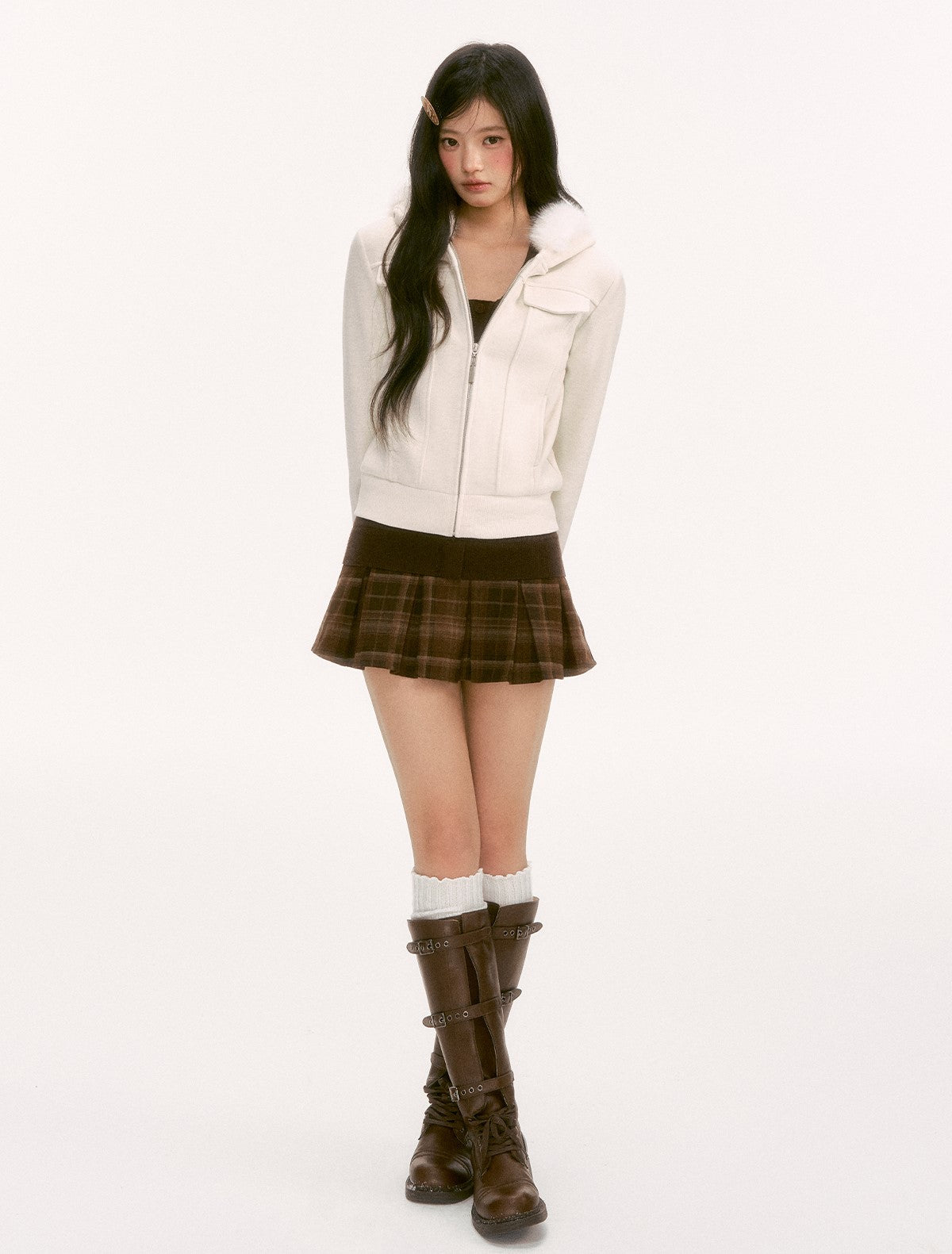 White Retro Fur Collar Hooded Jacket WEE0126