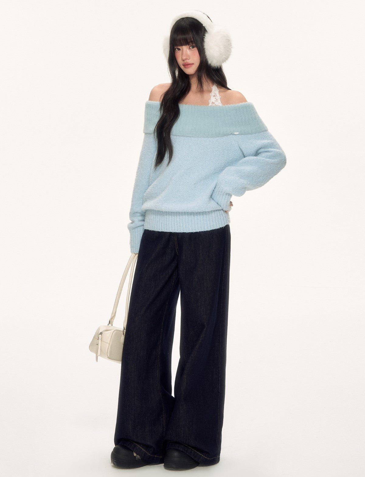 Blue Off-Shoulder Lace Halter Sweater WEE0090