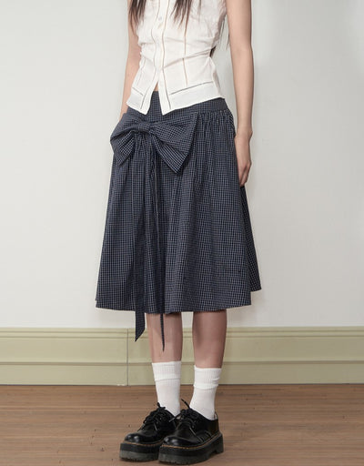 Navy Blue Plaid Bow Midi Skirt SOO0003
