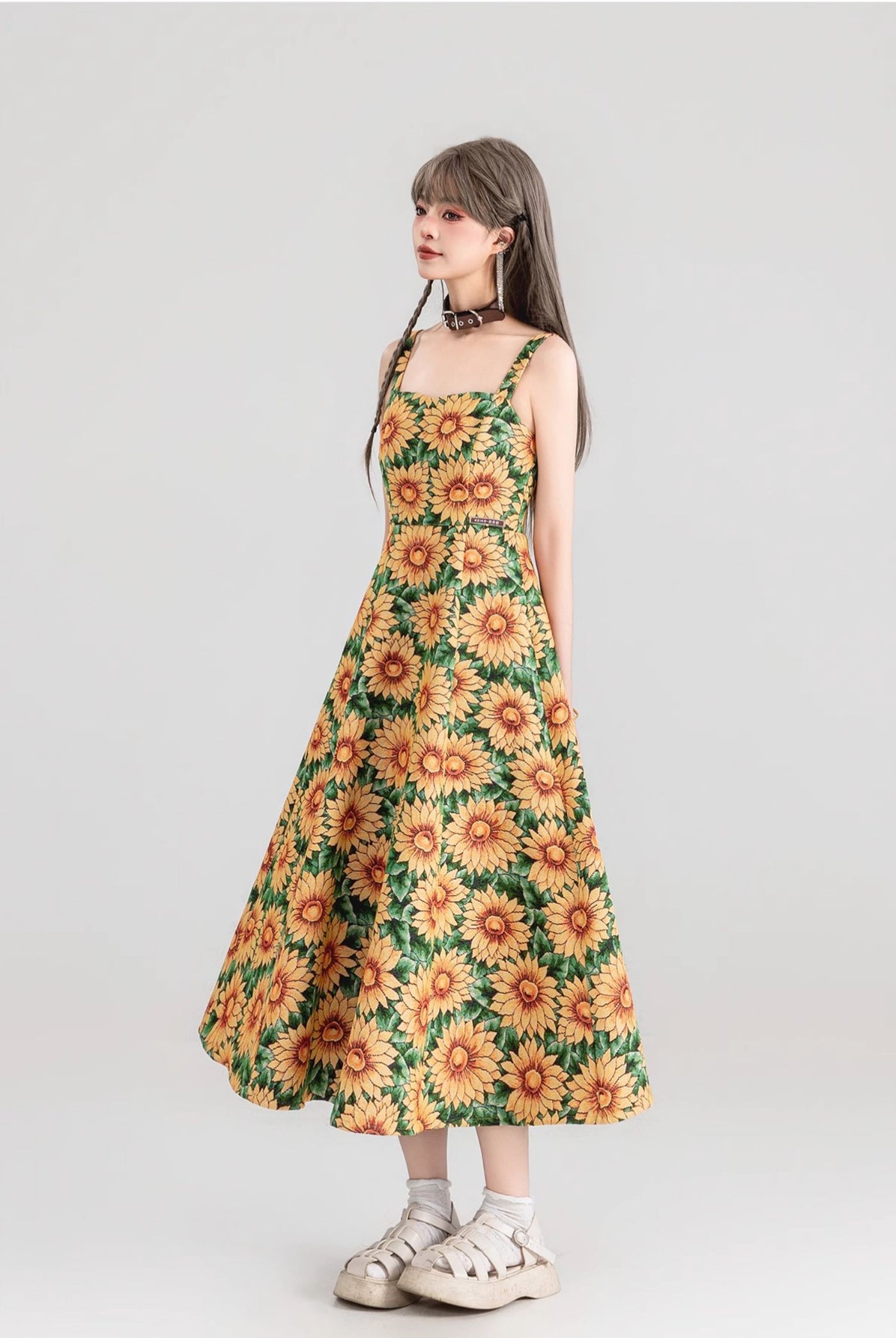 Sunflower Jacquard Floral Suspender Long Dress KEI0152