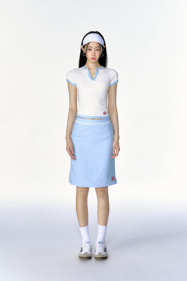 Summer Dopamine Blue & White Contrast Slim Casual Short Sleeve T-Shirt/Skirt CUR0101