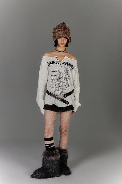 One-shoulder Henley Collar Punk T-shirt KIN0138
