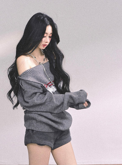 Lace Off-shoulder Loose Sweater DIA0632