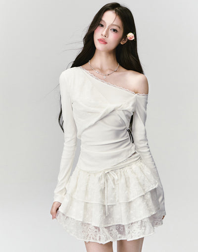 White One-shoulder Lace Twist T-shirt FRA0431