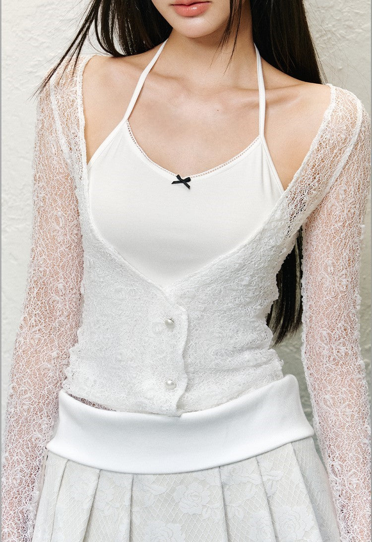 Bow Camisole+Lace Cardigan/Pleated Skirt AGM0132