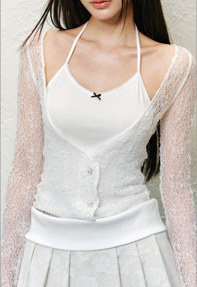 Bow Camisole+Lace Cardigan/Pleated Skirt AGM0132