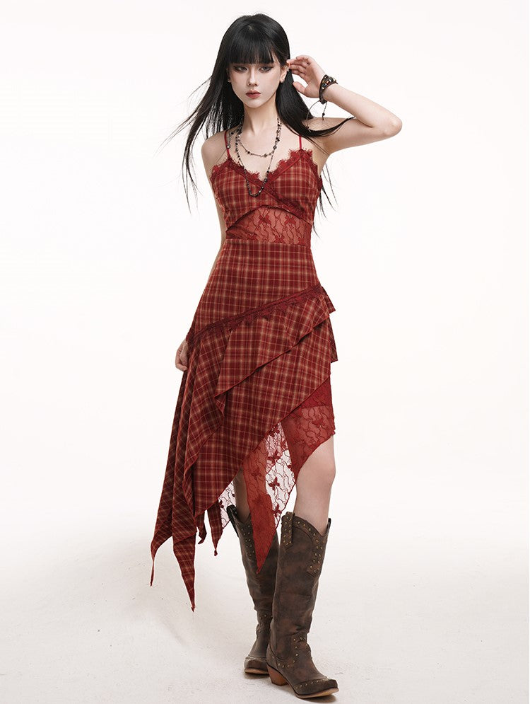 Irregular Red Plaid Suspender Dress LAD0184