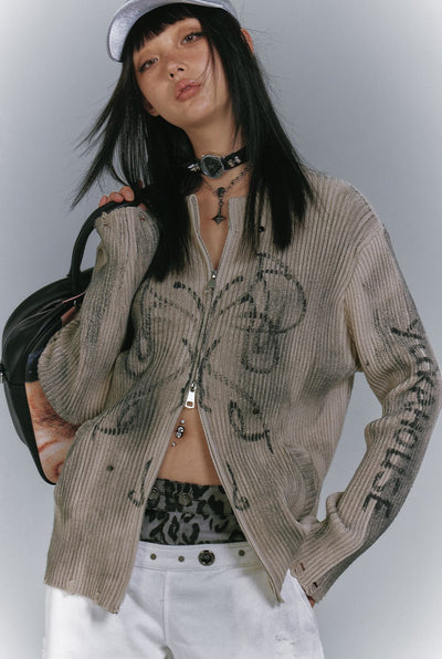 Dirty Wash Design Sweater Cardigan KIN0149