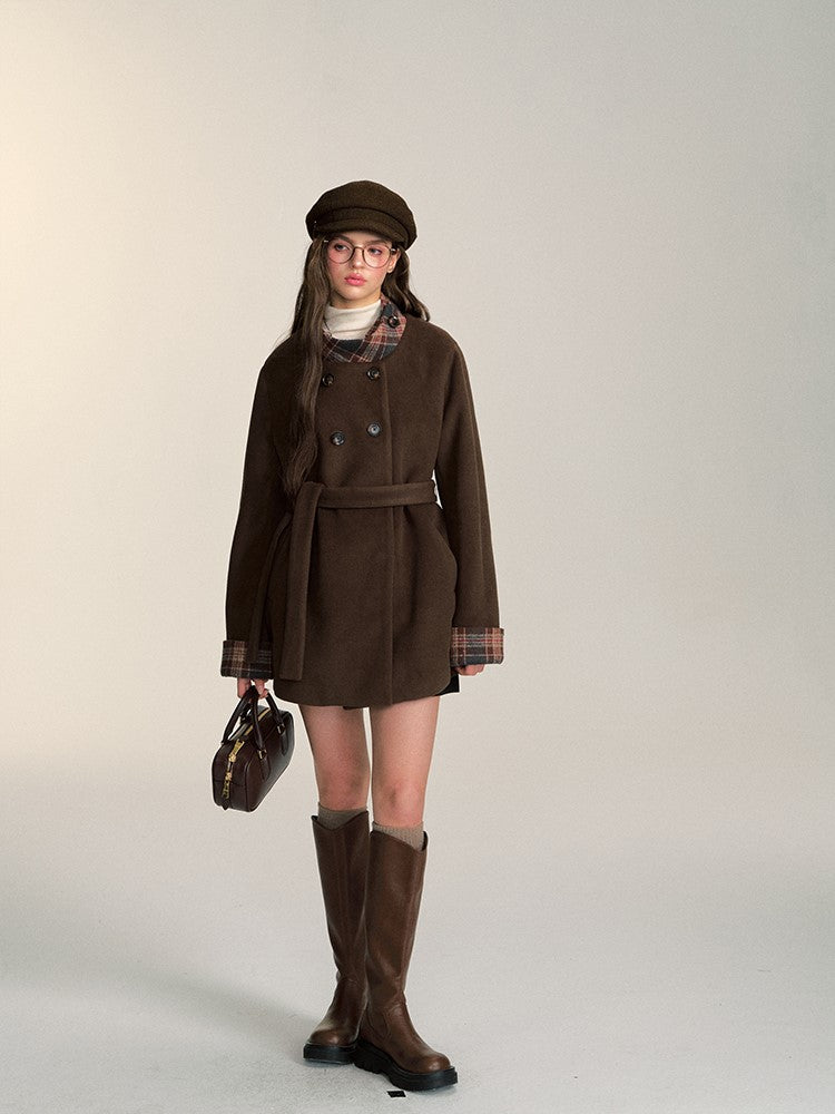 Retro Double-breasted Mid-length Coffee-colored Woolen Coat QDQ0085