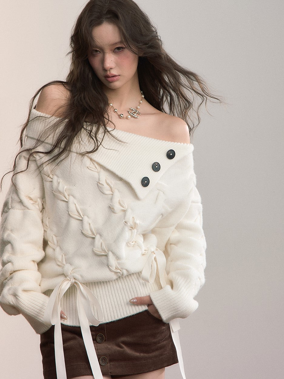 Off-Shoulder Cross-Weave Cable Sweater VIA0369