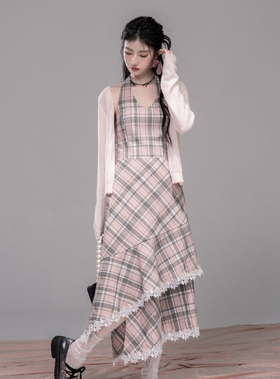 Cherry Pink Plaid Halter Neck Dress COT0341