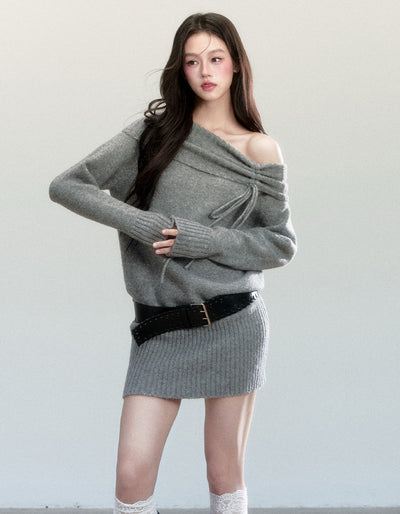 Velvet Draped Off-shoulder Knitted Dress FRA0461