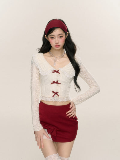 Sweetheart Doll Collar Lace Long Sleeve Thin Shirt/Red Skirt DIA0220