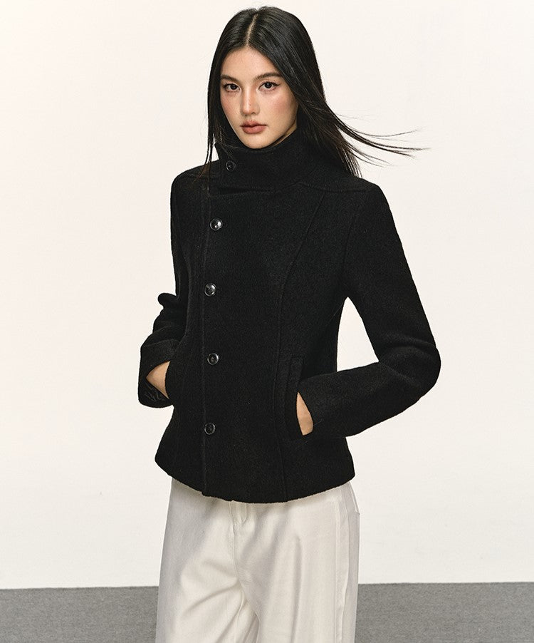 Double-Faced Stand Collar Black Short Coat ANA0076