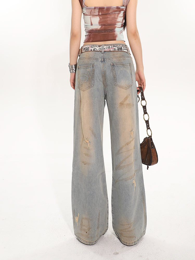Ripped Vintage Washed Distressed Straight Jeans UNC0077