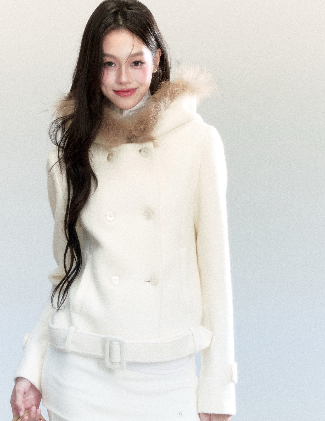 Fur Collar White Short Coat FRA0462