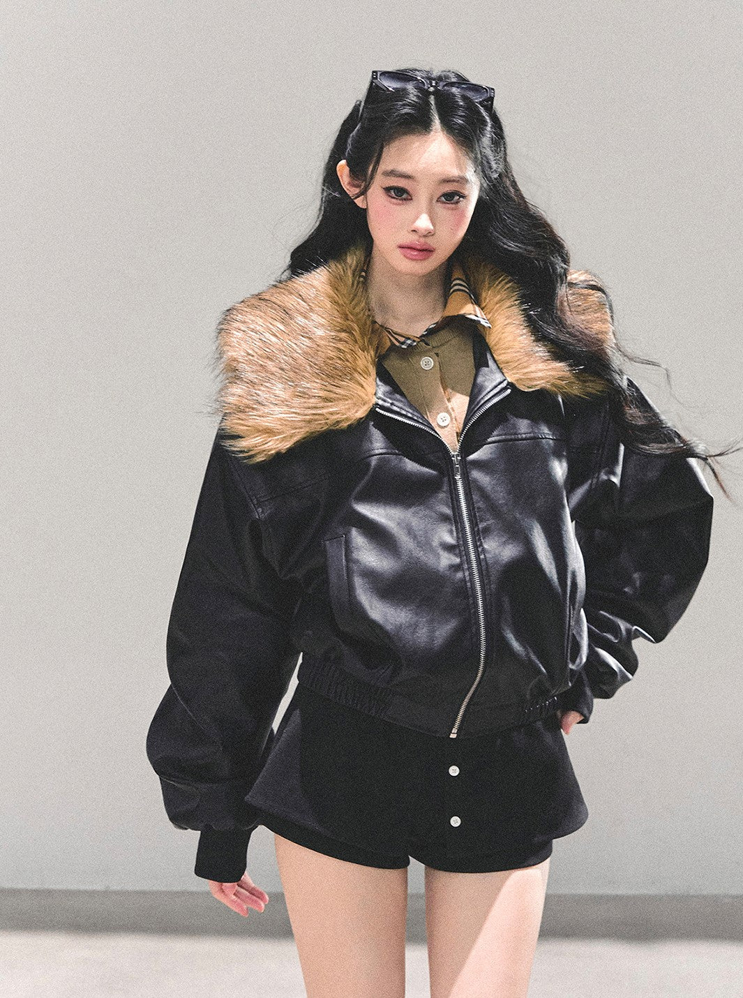 Black Large Lapel Leather Jacket DIA0690