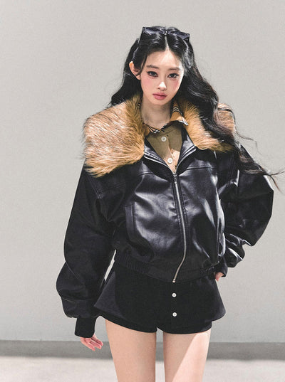 Black Large Lapel Leather Jacket DIA0690