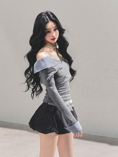 Off-Shoulder Long-Sleeve Plaid T-Shirt DIA0692