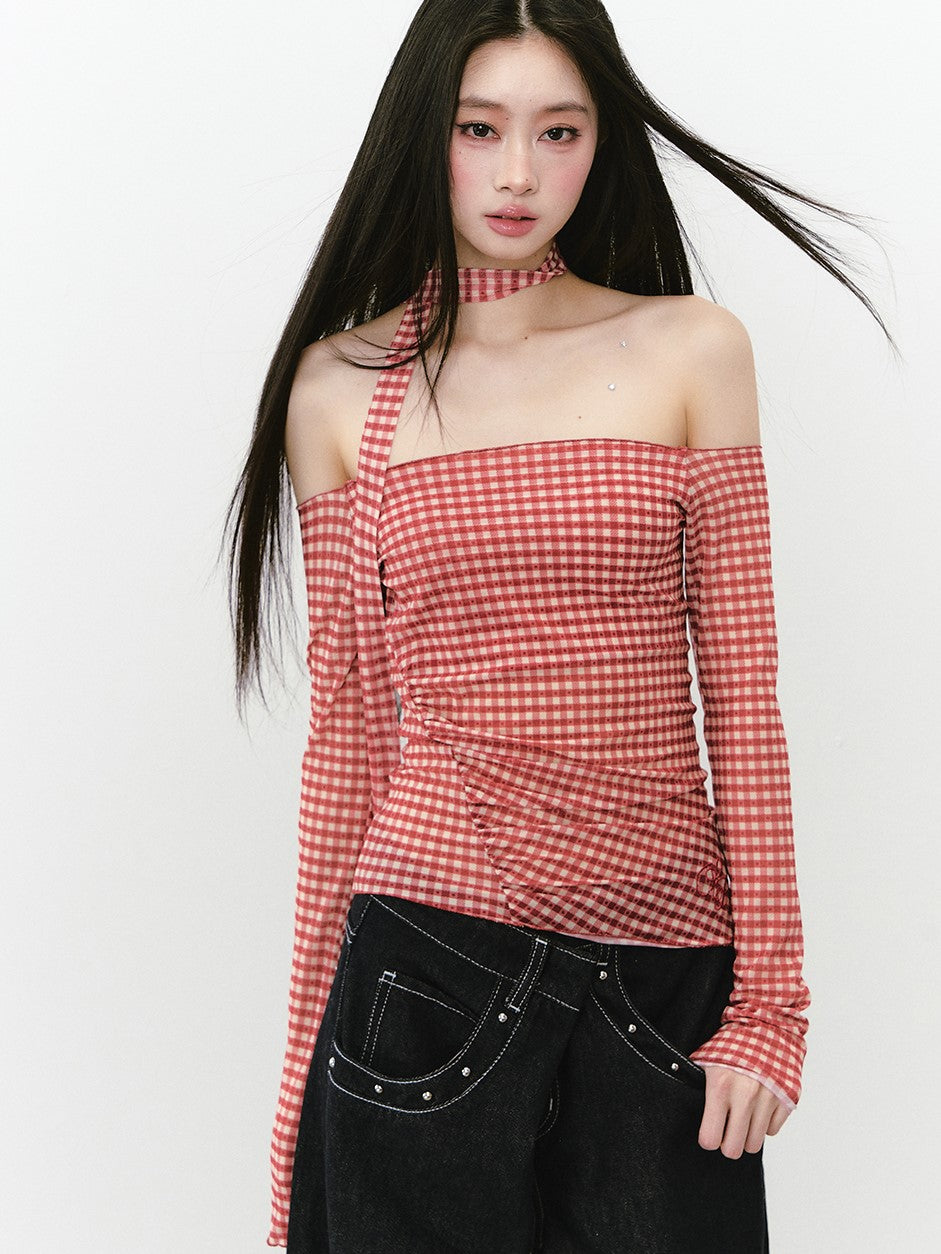 Plaid Mesh Long-sleeved T-shirt VIA0263