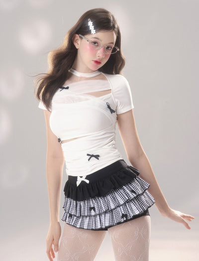 Tight-fitting Slimming Hollow Design Short-sleeved T-shirt/Skirt DIA0194