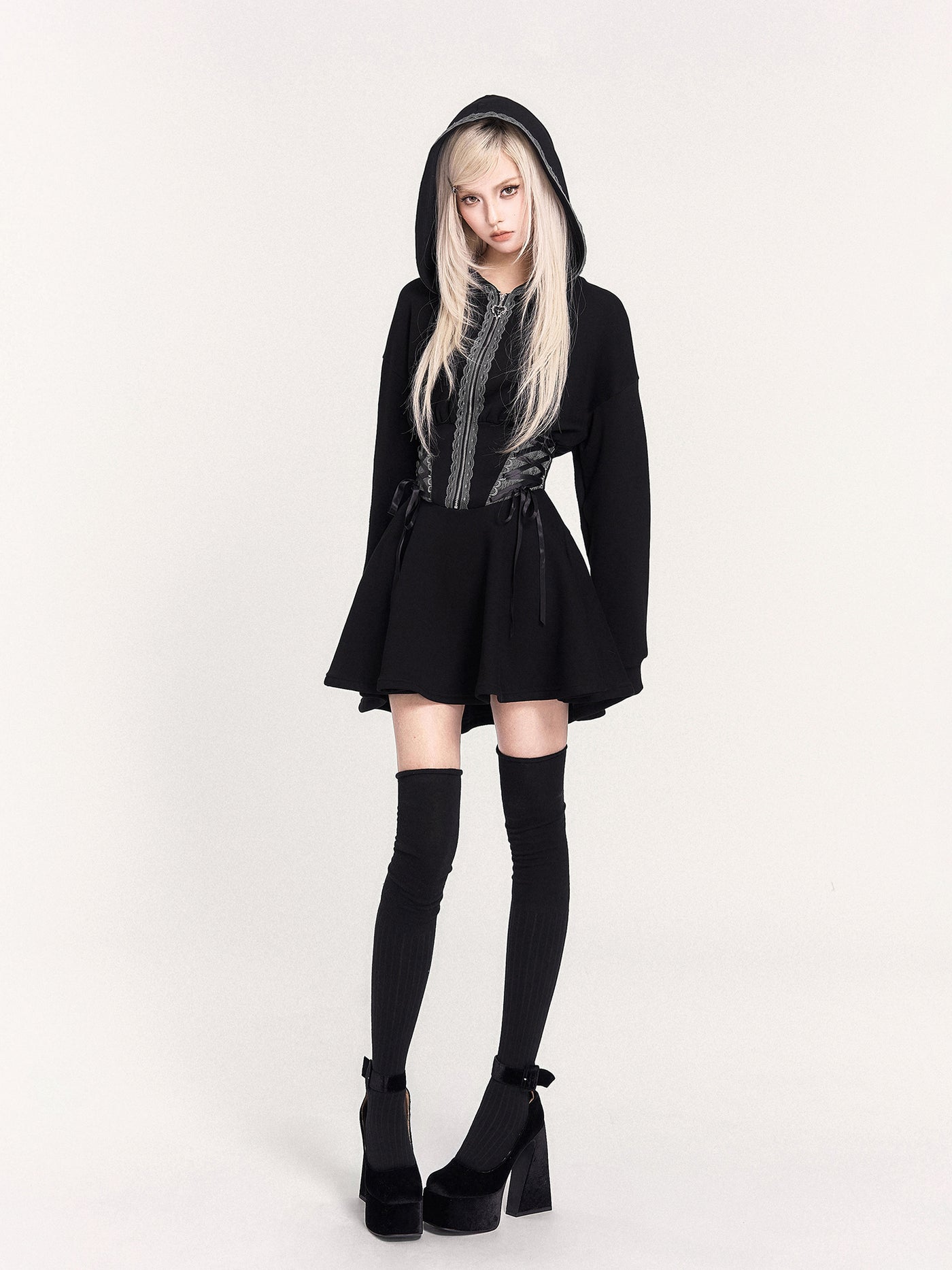 Lace-up Hooded Sweatshirt Dress VOC0469