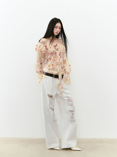 Large Hole Casual Rhinestone Jeans VIA0275