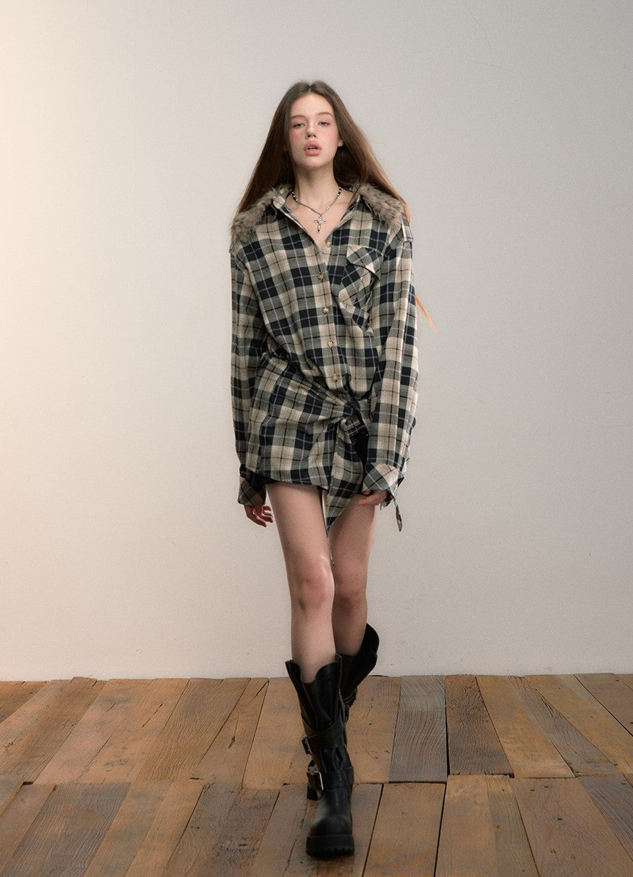 Detachable Fur Collar Plaid Shirt VIA0345