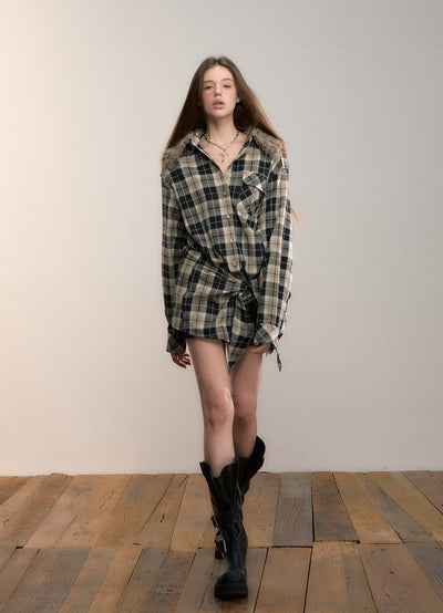 Detachable Fur Collar Plaid Shirt VIA0345