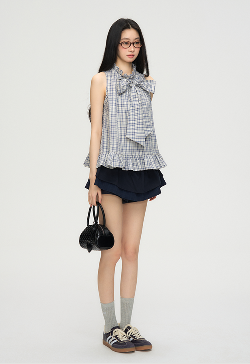 Plaid Long Bow Tie Lace Shirt PUN0067