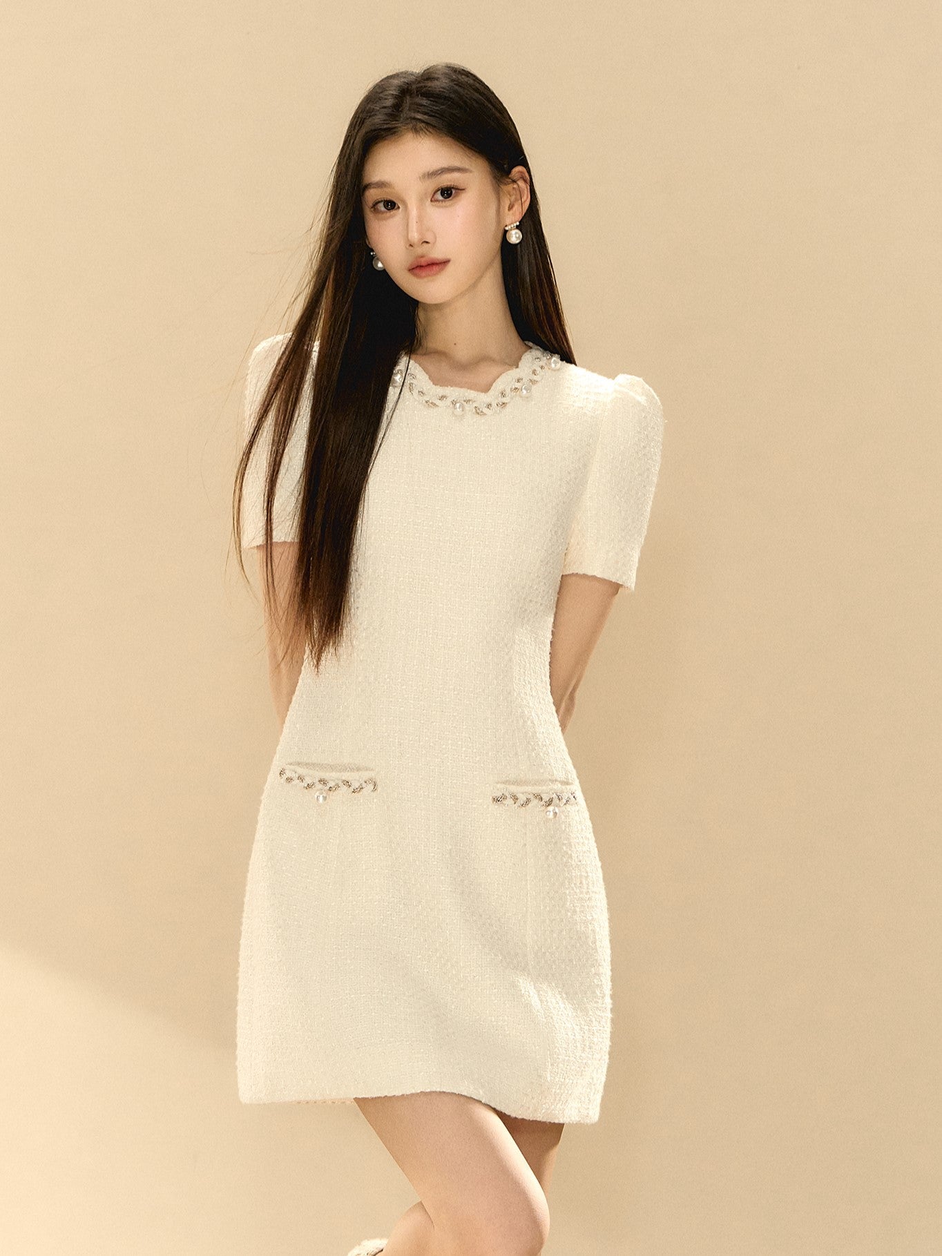 Puff Sleeve A-line Beaded Dress OSH0141