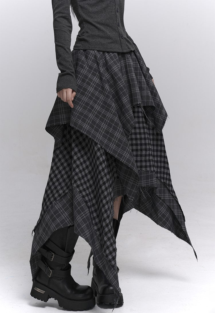 Irregular Hem Plaid Midi Skirt LAD0227