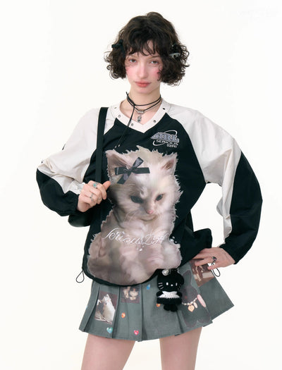 Cat Print Sports Style V-neck Sweatshirt ZIZ0298