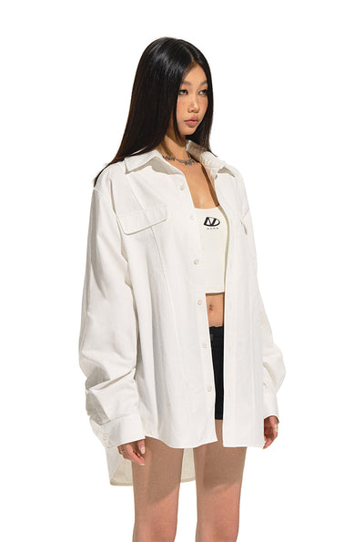 Classic Loose Silhouette Mid-length Lapel Long-sleeved White Shirt NOT0210