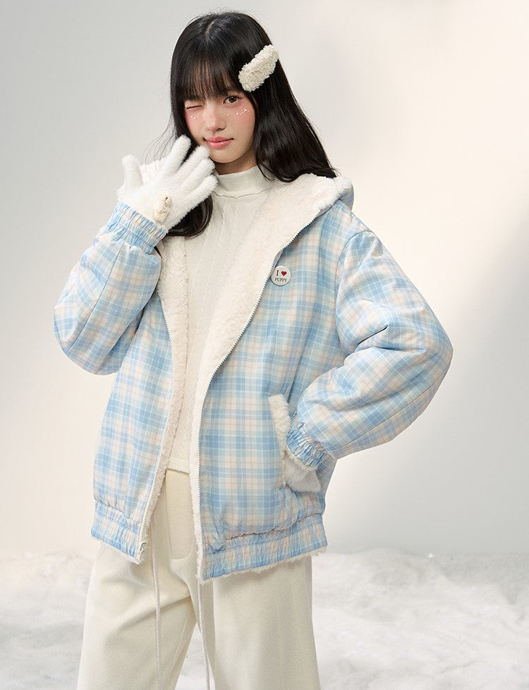 Plush Bear Ear Hooded Plaid Furry Jacket NTO0251