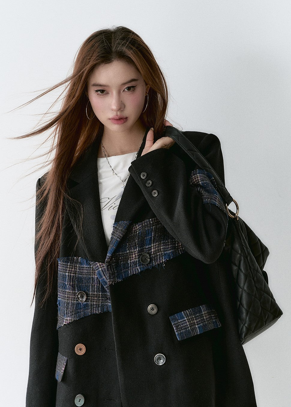 Plaid Stitching Design Mid-length High-end Wool Jacket VIA0161