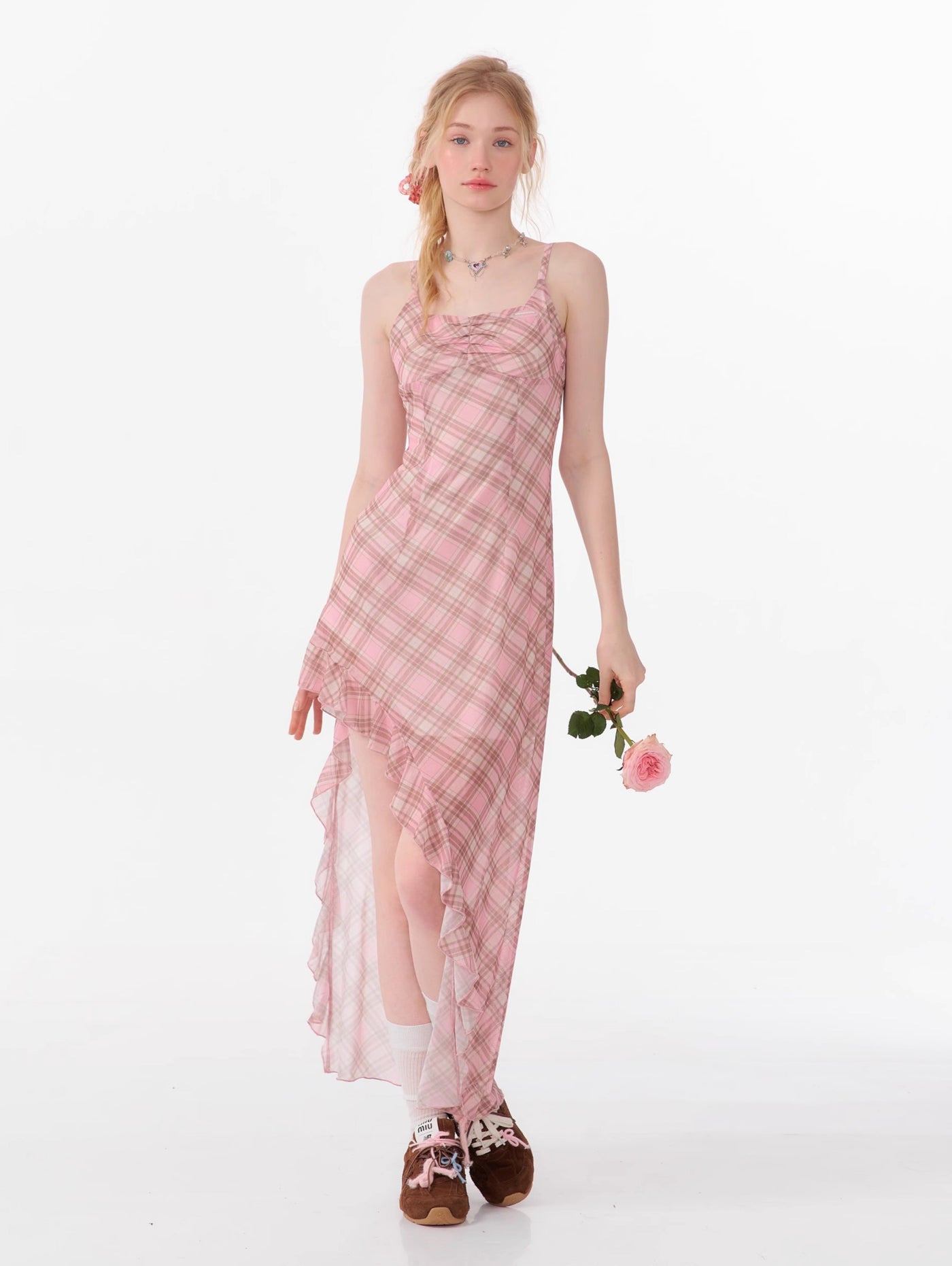 Irregular Waist Plaid Pink Long Suspender Dress ZIZ0086