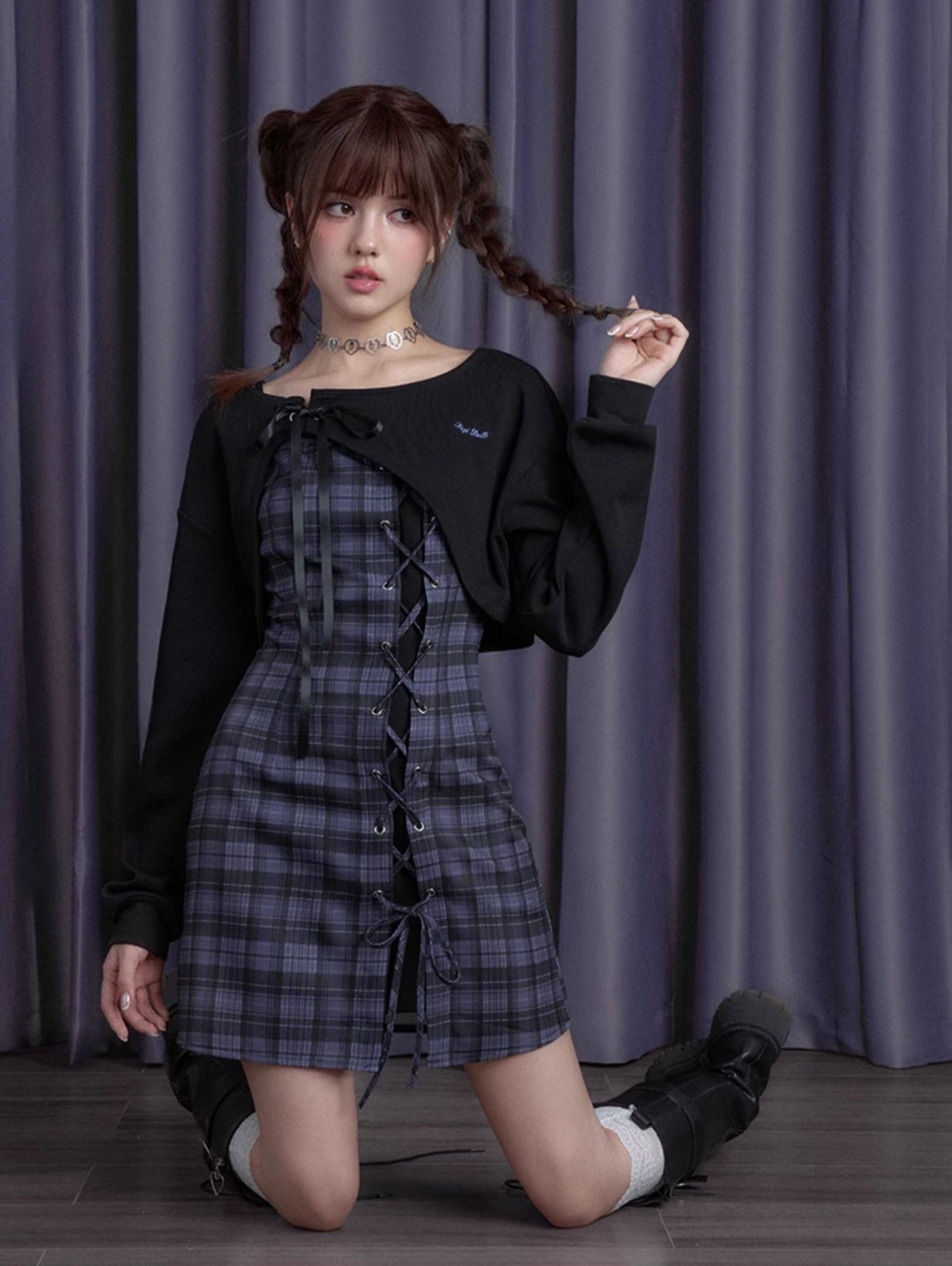 Blueberry Purple Checkered Dress/Black Short Cardigan SAG0193