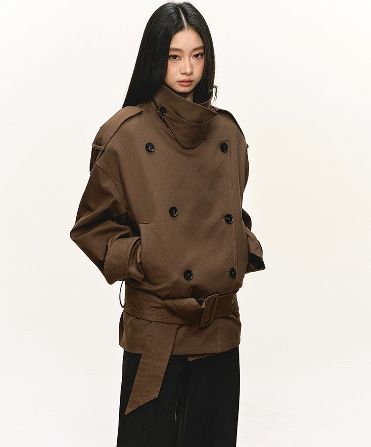 Dark Brown Stand Collar Short Trench Coat ANA0112