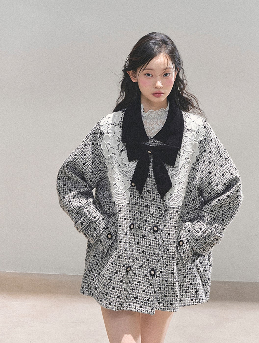 Detachable Bow Lace Plaid Coat DIA0767