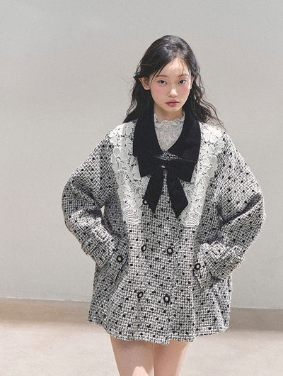 Detachable Bow Lace Plaid Coat DIA0767