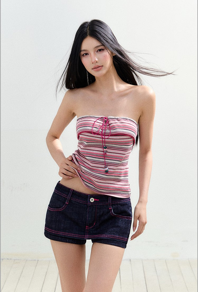 Drawstring Lace Striped Tube Top AGM0159